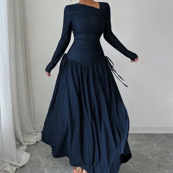 Royal Elegant Women's Oblique Collar Long Sleeve Pleated A-Line Long Dress - Picture 7 of 8